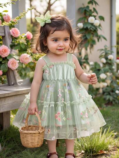 SHEIN Glamorique Kids 女婴幼儿优雅奢华花卉刺绣网眼薄纱公主派对礼服，绿色，适合外出、派对、生日、正式场合、节日