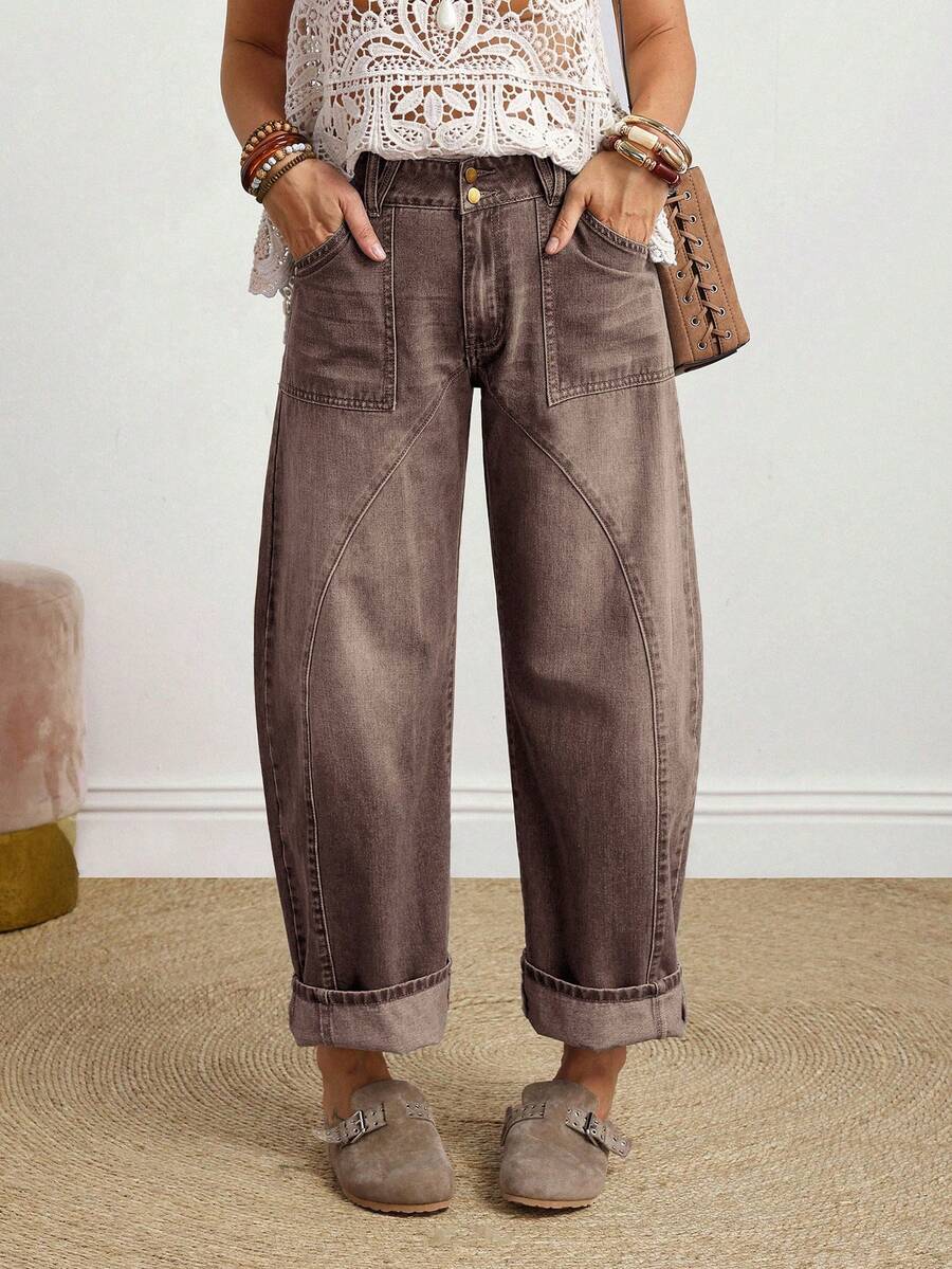 SHEIN PETITE 女款口袋錐形休閒波希米亞風百搭牛仔褲 度假咖啡棕色 夏季 小碼女款 - 咖啡棕 - 查看 1