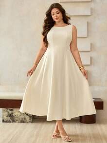 Roveilla 大尺碼女款優雅米色夏季無袖洋裝，純色高雅經典女式洋裝，優雅婚禮賓客禮服 - 杏色 - 查看 3