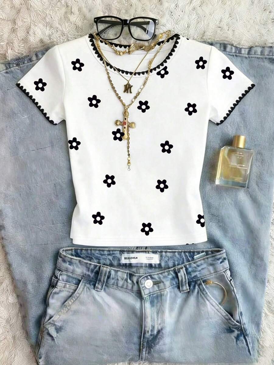 INAWLY Women's Floral Print Round Neck Short Sleeve Casual Cropped T-Shirt - White - View 1