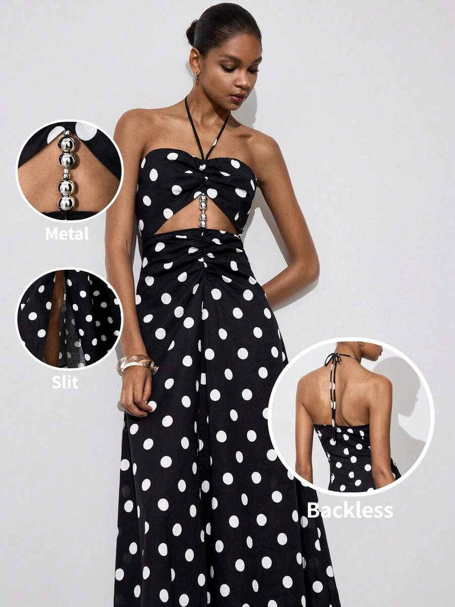 Gossip Girl X SHEIN SHEIN Maija Đầm nữ thời trang in chấm bi đính cườm, cổ yếm buộc dây. - màu đen - Xem 1