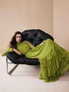 Arave Đầm dài bằng chiffon dáng rộng thanh lịch dành cho nữ, cổ đứng và viền bèo nhún, thích hợp cho các buổi hẹn hò. - Màu Mù tạt vàng - Xem 2