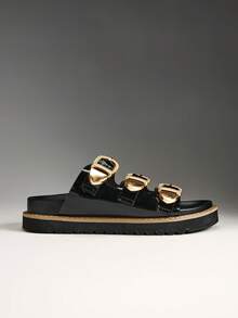 Solezae Sandalias planas de mujer con correa triple hebillada, de estilo minimalista y cómodas - Negro - Ver 11