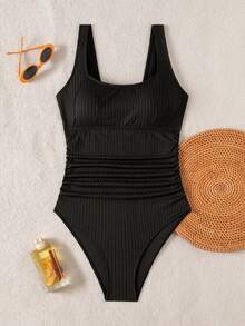 Swim Lushoire Women's Elegant Black Solid Color Ribbed Ruched One-Piece Swimsuit, Flattering Tummy Control, Casual Beach Vacation - Black - View 5