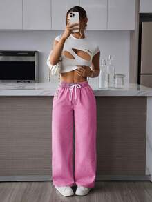SHEIN PETITE Quần jeans ống rộng dáng casual dành cho nữ, đã qua xử lý giặt. - Màu Hồng baby - Xem 5