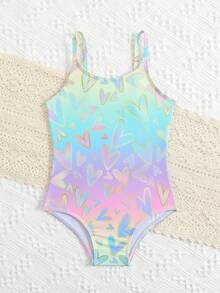 SHEIN Baju Renang Bayi Perempuan, Motif Hati Foil Ombre Pelangi Gradien, Kain Lembut & Nyaman, Desain Tanpa Lengan Satu Potong, Pantai, Kolam Renang, Liburan Musim Panas - MultiWarna - View 4