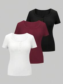 Airaco Plus Size Solid Color Minimalist Button Decor Round Neck Casual T-Shirt - Multicolor - View 3