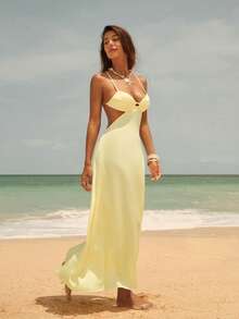 NOVVYNE Women's Sexy Backless Cross Strap Fitted Midi Dress, Slimming Silhouette For Party, Holiday - Yellow - View 7