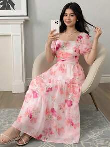 少女休闲日常舒适修身花瓣袖碎花连衣裙，适合毕业典礼、舞会和其他场合 - 粉色 - 查看 3