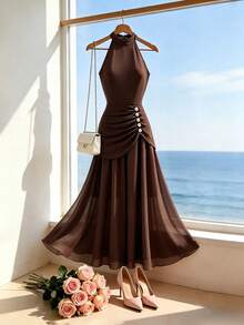 Franclia Große Größen Damen Neues elegantes, romantisches, luxuriöses - Geburtstagsparty, Abendgala, Urlaub, Alltag, graziöser Arbeitsweg, französischer Stil - Off-Shoulder Spaghetti-Träger Kleid mit goldenem Schnallenverschluss, Chiffon-Patchwork, elegantes Partykleid, elegantes Partykleid mit Mesh-Einsätzen, Abendkleid für besondere Anlässe, Damen Abendkleid in Braun - Kaffeebraun - Übersicht 10