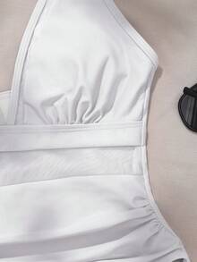 SHEIN Swim Traje De Baño De Una Pieza Con Escote En V Profundo Y Malla Incrustada - Blanco - Ver 4