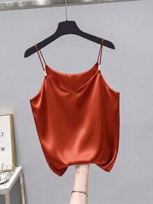 GlowEve Elegante camiseta de satén con escote en V francés delicado y decoración de perlas, adecuada como prenda de superposición para mujeres - Naranja - Ver 3