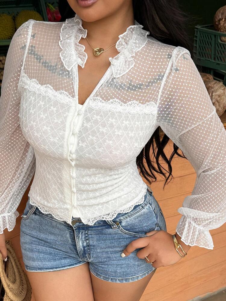 Dazy Plus Spring & Summer Hollow Lace Mesh Patchwork Elegant Slim Fit Blouse, Sheer Floral Trim Flare Sleeve Cardigan For Party, Wedding, Commute, Plus Size