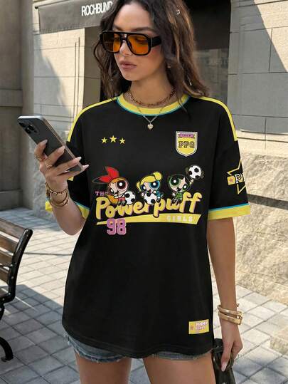 THE POWERPUFF GIRLS X SHEIN Women's Colorblock Round Neck Short Sleeve Cute Cartoon Print Casual T-Shirt