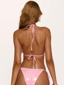 MUSERA Quần bikini hai mảnh phối kim loại, buộc dây bên hông, kiểu dáng gợi cảm, dễ thương, thích hợp đi biển, nghỉ mát, mùa hè, màu xanh đậm. - Hồng - Xem 4