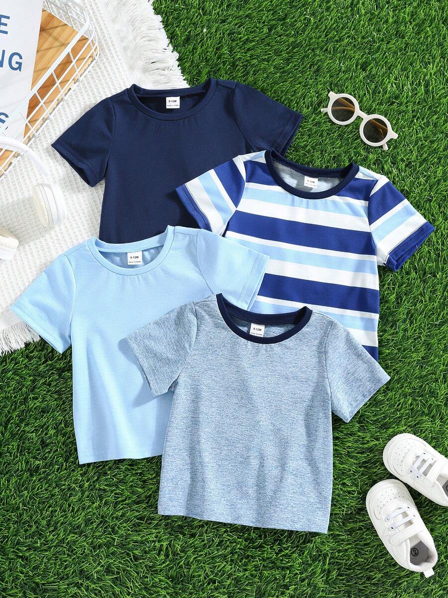 SHEIN Set de 4 camisetas de manga corta a rayas casuales y lindas para bebés niños y niñas, ropa de verano para bebé, tops cortos - Azul - Ver 1