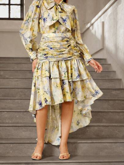 VOLUPTÉ CURVE Chân váy cỡ lớn màu vàng hoa văn bằng chiffon, cạp cao, chun co giãn, nhiều lớp xếp ly, dáng chữ A dài đến đầu gối, kiểu Pháp lãng mạn, thích hợp cho kỳ nghỉ, đám cưới, tiệc brunch, hẹn hò, mùa xuân/hè.