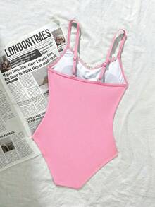 SHEIN Tween Girls Lace Trim Ruched Bust Bow Decor One-Piece Swimsuit - Pink - View 2
