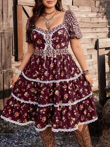 Ceyna Plus Size Bohemian Style Vintage Floral Patchwork Hem Dress - Burgundy - View 3