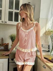 Snug Reverie Ruffle Strap Shorts Pajama Set Sleeping Dusty Pink Summer Cute - Coral Pink - View 5