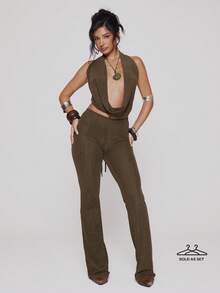 MUSERA Dark Green Summer Boho Night Out Textured Mesh Cowl Neck Top And Fitted Flared Trousers Pants Set Co-Ord Festival Ibiza Vacation Holiday Y2k - Army Green - View 1