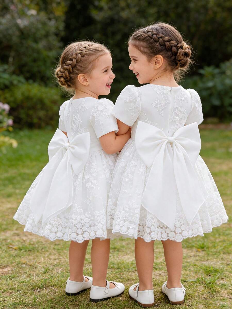 Glamorique Kids 女嬰白色花卉網紗刺繡蕾絲飾邊緞面後蝴蝶結裝飾洋裝，優雅花童婚禮夏季洗禮受洗幼童禮服