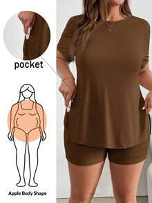 Shapeblank Plus Solid Short Sleeve Split Hem Tee & Shorts - Brown - View 1