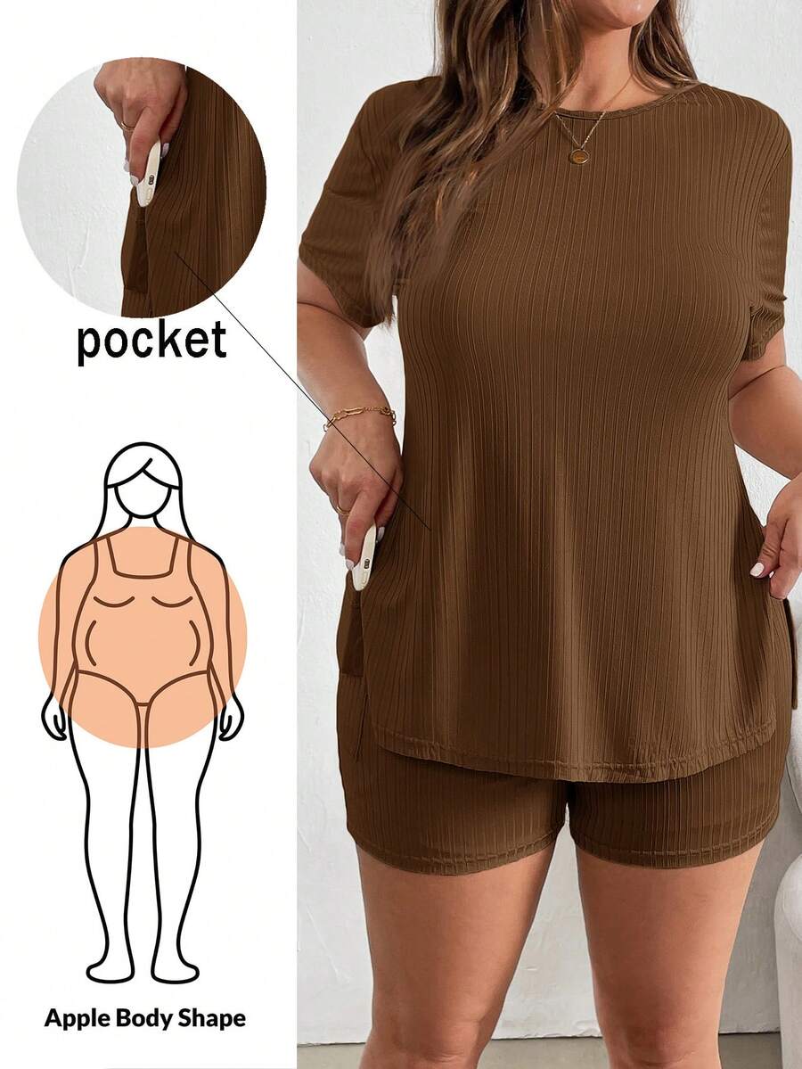 Shapeblank Plus Solid Short Sleeve Split Hem Tee & Shorts - Brown - View 1
