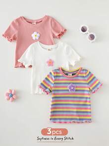 Cozy Pixies 3pcs Baby Girl Floral Print Soft Knit Crew Neck Short Sleeve Top Set - Multicolor - View 7