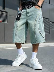 Manfinity EMRG Shorts vaqueros bermudas de estilo vintage con lavado desgastado, parches y dobladillo deshilachado, en estilo urbano y hip hop americano para hombres - Lavado ligero - Ver 1