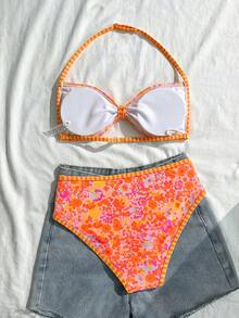 SHEIN Bộ bikini buộc cổ in họa tiết tối giản dành cho bé gái - Nhiều màu - Xem 2