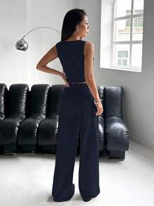 SHEIN EZwear Women's Single-Breasted Vest & Pants Set, Solid Color, Navy Blue, Spring/Summer - Navy Blue - View 2