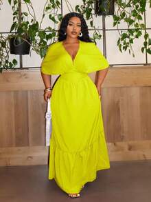 Slaydiva Plus Size Elegant Sexy Low Neckline Sleeveless A-Line Ruffle Hem Dress, Red, Summer-S - Yellow - View 3