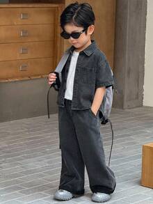 2pcs/Set Young BoyDark Gray Denim Loose Shirt And Wide Leg Pants - Dark Grey - View 3