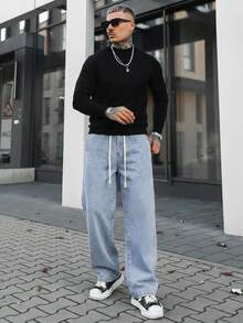 Artur Kramer High-End Minimalist Versatile Straight Washed Denim Jeans, Drawstring Elastic Waist Casual Pants, All Season - Baby Blue - View 1