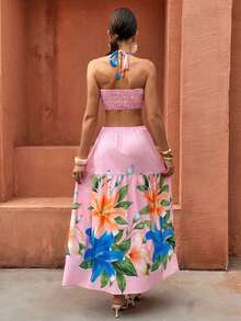 SHEIN LUNE Women's Hot Pink Floral Summer Boho Tropical Vacation Elegant Retro High-End Spaghetti Strap Bandeau Maxi A-Line Skirt Set (Random Print) Beach - Multicolor - View 2