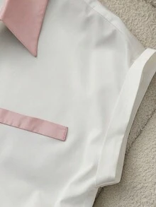 Qadelle Women's Elegant Color Block Short Sleeve Blouse, Summer - Baby Pink - View 4
