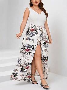 Mono de mujer talla con estampado tropical de plantas, sin mangas, con lazo en la cintura y sobrecapa, para vacaciones de verano en la playa - Blanco - Ver 3