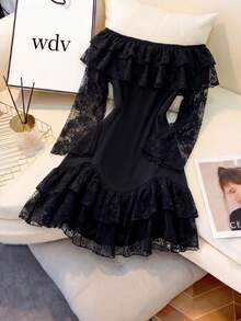 Elenzga Plus Size Women's Elegant Black Summer Tea Party Patchwork Chiffon Off-Shoulder Ruffle Hem Stretchy Long Flare Sleeve Mini Dress - Black - View 5