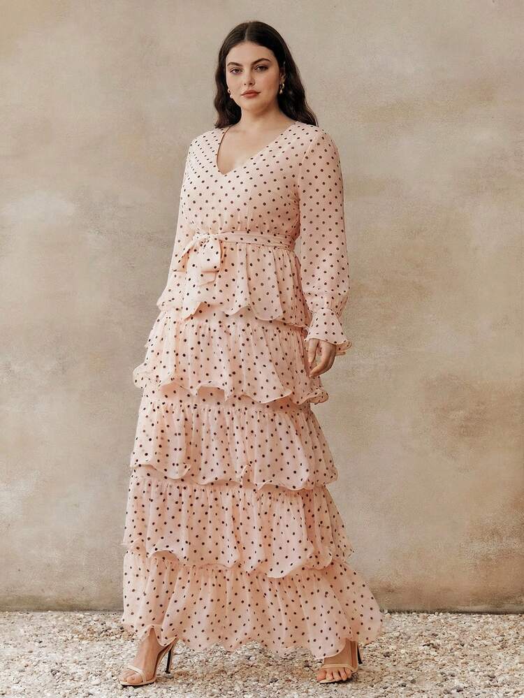 Elegant V-Neck Long Sleeve Polka Dot Layered Ruffle Maxi Dress, Suitable For Party And Occasions, Spring/Summer