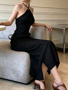 Cévolie 女士纯色无袖时尚性感开衩连衣裙 - 磨砂黑 - 查看 5