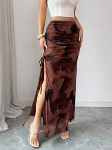 Rafferiza 女士优雅半身裙、女士网纱半身裙、女士扎染渐变半身裙、女士开衩系腰半身裙、长裙、正式半身裙、夏季半身裙、夏季套装、女士春季半身裙、百搭半身裙、优雅派对半身裙、沙滩半身裙、婚礼及各种场合半身裙、女士毕业半身裙、棕色半身裙、度假半身裙 - 咖啡棕 - 查看 4