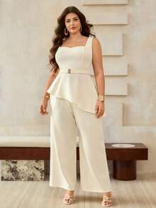 Roveilla Plus Size Women's Elegant Wedding White Summer 2 Pieces Set,Solid Asymmetric Hem Peplum Camisole&Wide Leg Pants,French Vintage Formal Office Outfit - Apricot - View 7