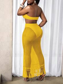 BamGleam Vestido tubo de mujer para vacaciones de verano de unicolor con parches y calado de red - Amarillo - Ver 2