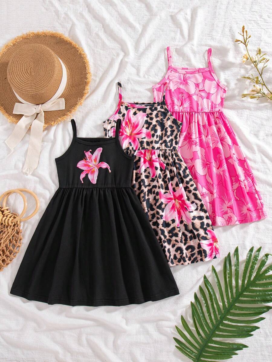 SHEIN Conjunto de 3 peças para meninas: vestido de alças finas, vestido sem mangas com estampa floral xadrez e elástico, vestido casual com estampa por toda a peça, decote nas costas e alças finas, com elasticidade média, ideal para férias de verão e festas. - Multicolorido - Ver 1