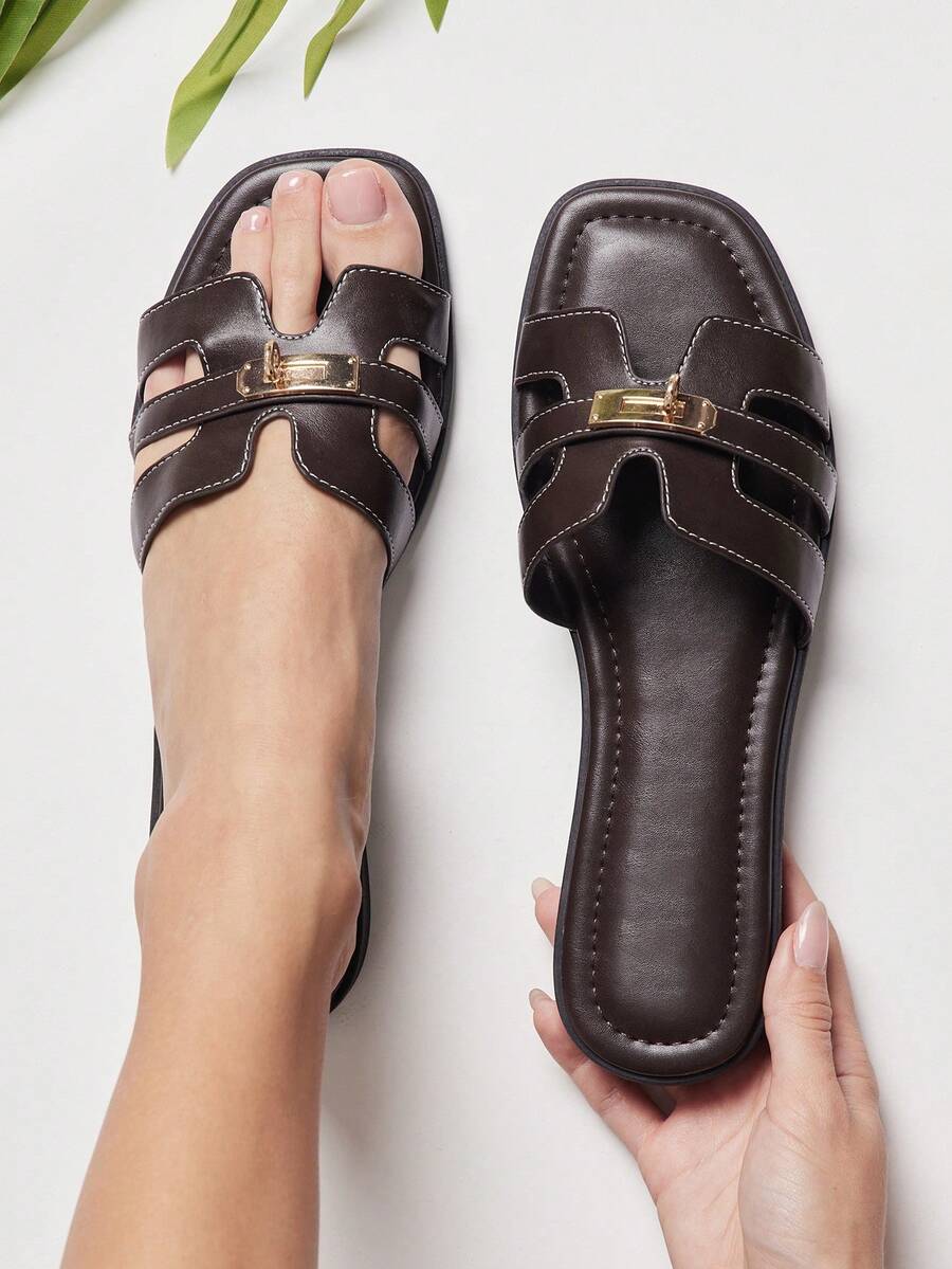 SHUZIA Women Minimalist Comfortable Metal Decor Slip-On Flat Sandals - Chocolate Brown - View 1