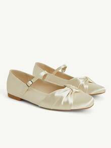 CUCCOO CHICEST Giày nữ mùa thu, giày Mary Jane bằng satin, giày bệt quai thấp kiểu Pháp dành cho nữ. - Màu be - Xem 2