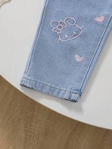 1pc Girls/Baby Cute Casual Blue Heart & Cartoon Animal Embroidered Straight Leg Denim Pants - Blue - View 4