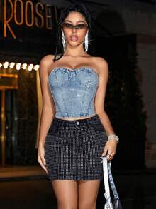 SHEIN BAE Women's Summer Fashion Rhinestone Decorated Denim Mini Skirt - Black - View 3