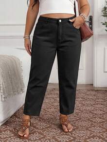 EMERY ROSE Plus Size Casual Pockets Button Versatile Daily Wear Denim Jeans Holiday Vacation Black Summer - Black - View 4